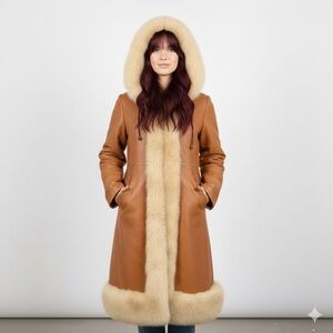 Vintage 70s Penny Lane Faux Leather Fur Trim Hooded Coat - XS/S 🇨🇦
